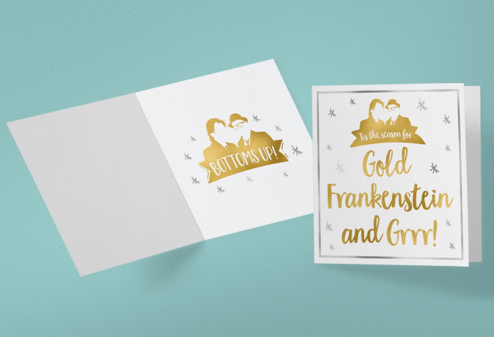 Gold Frankenstein and Grrr - Rik Mayall and Adrian Edmondson - British Comedy Classic - Bottom - Alternative Christmas Card (125mm Square)