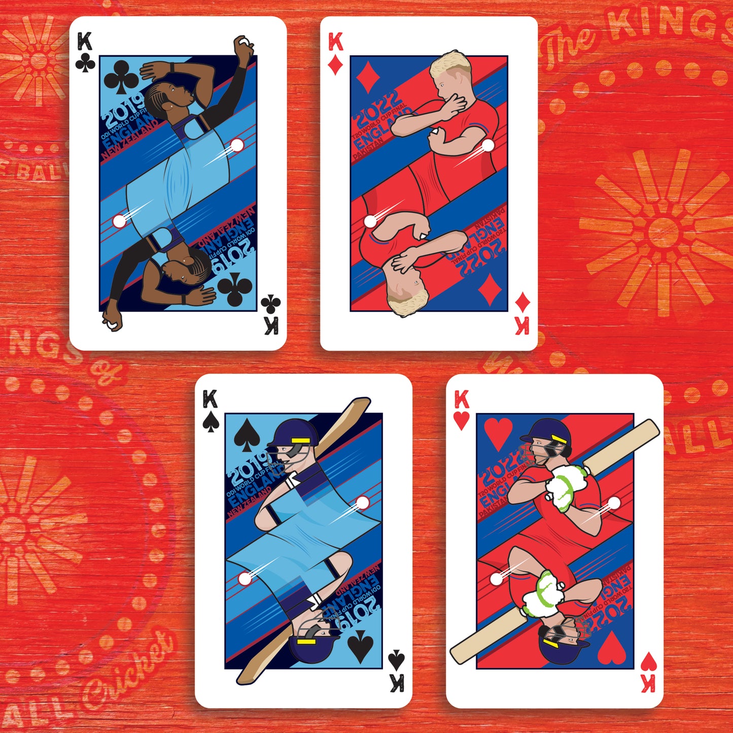The Kings of White Ball Cricket - Set of four King Playing Cards - England Cricket - ODI World Cup 2019 and T20 World Cup 2022 - Card Size 56 x 86mm