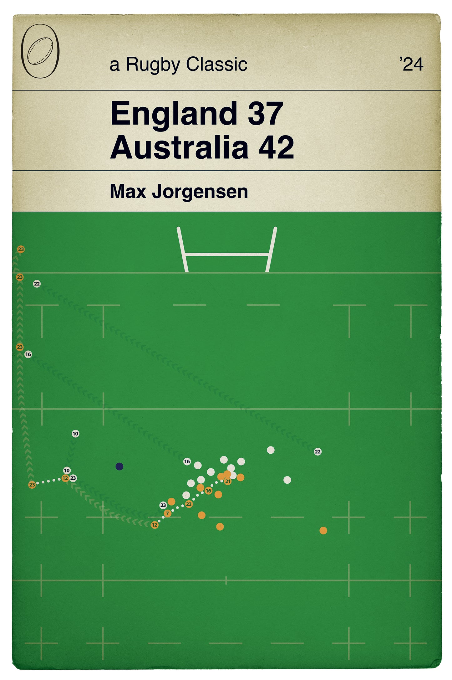 Australia Winning Try - Max Jorgensen - England 37 Australia 42 - Autumn International 2024 - Book Cover Print - Rugby Decor (Various Sizes)