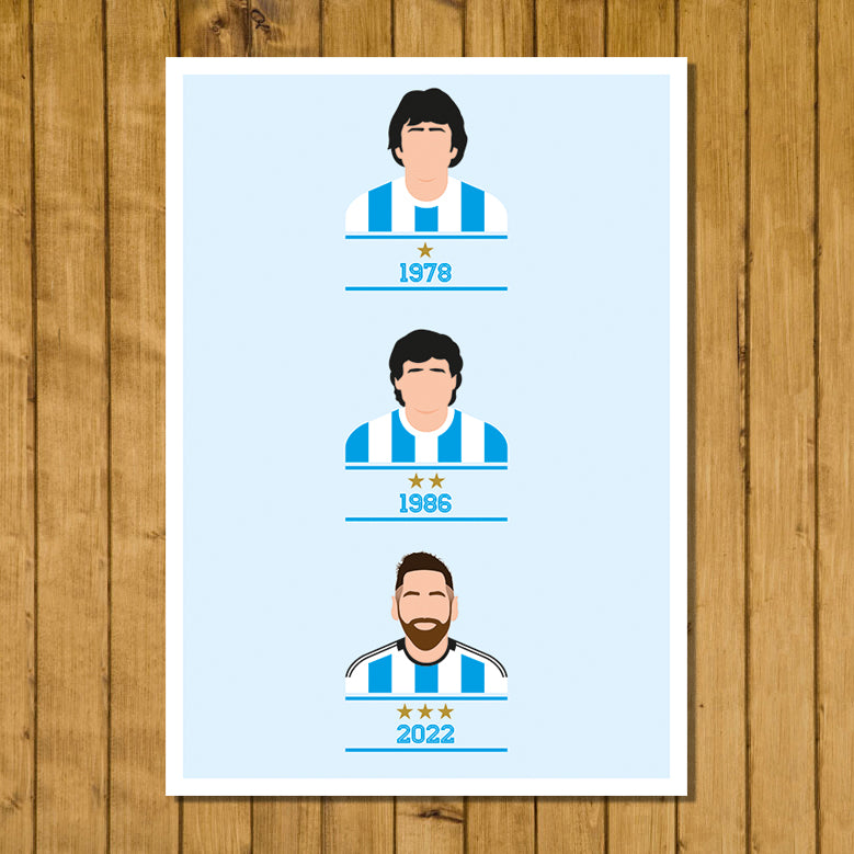 Argentina 3 x World Champions - 1978, 1986, 2022 - Passarella - Maradona - Messi - Campeones del Mundo - Póster de fútbol - Various Sizes