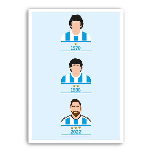 Argentina 3 x World Champions - 1978, 1986, 2022 - Passarella - Maradona - Messi - Campeones del Mundo - Póster de fútbol - Various Sizes