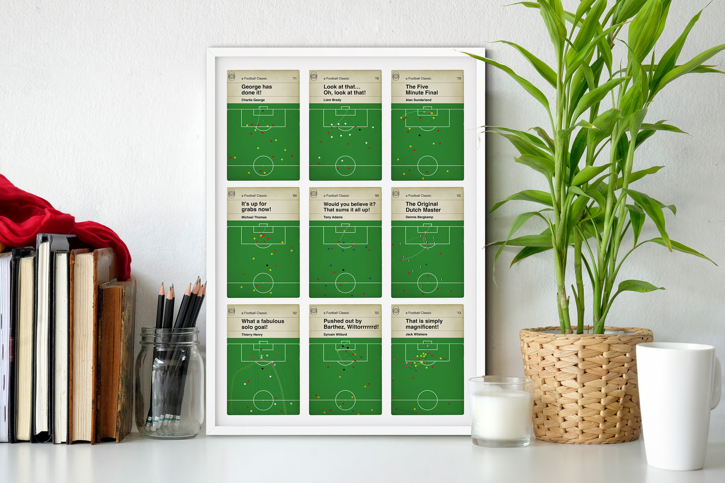 Nine Iconic Arsenal Goals - 9 Up Poster - Brady, Thomas, Adams, Bergkamp, Henry - Classic Book Cover Print - Football Gift (Various Sizes)