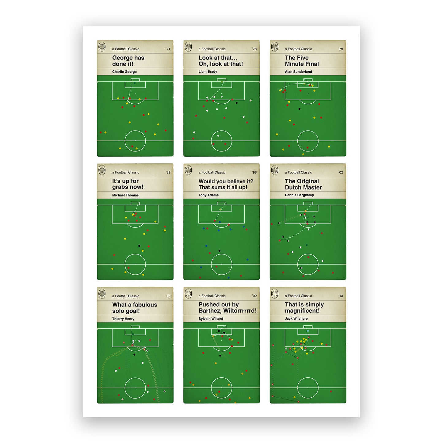Nine Iconic Arsenal Goals - 9 Up Poster - Brady, Thomas, Adams, Bergkamp, Henry - Classic Book Cover Print - Football Gift (Various Sizes)