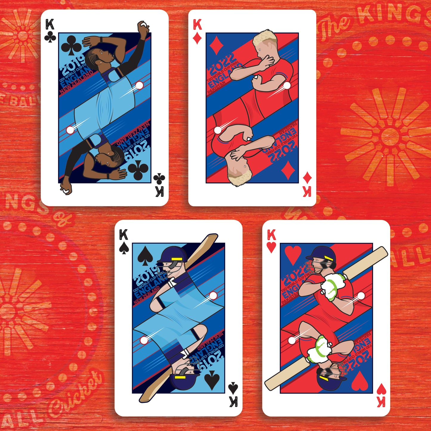 The Kings of White Ball Cricket - Set of four King Playing Cards - England Cricket - ODI World Cup 2019 and T20 World Cup 2022 - Card Size 56 x 86mm