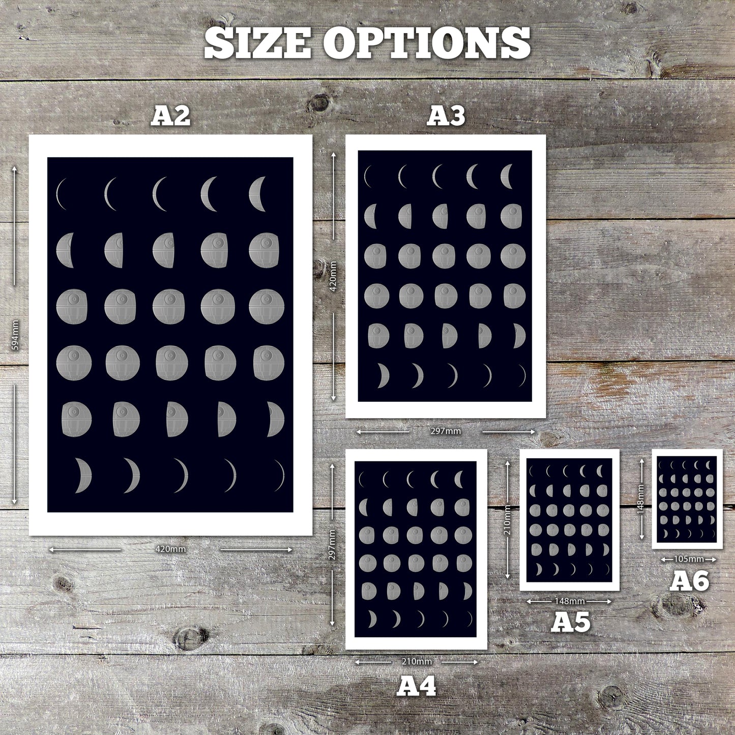 Phases of the Moon Poster - Star Wars - Death Star - That's No Moon - Full Moon - Waxing Gibbous - Waxing Crescent - Alt Movie Print - Sci Fi Gift (Various Sizes)