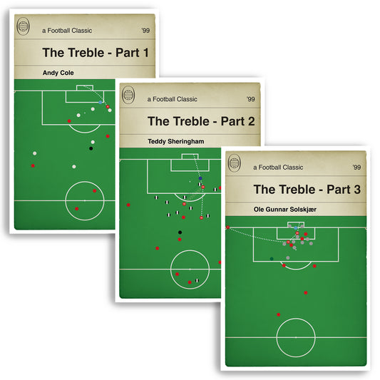 Manchester United Treble Set - Man Utd League, FA Cup & Champions League Winners 1999 - Set of 3 Prints - Football Book Art - Various Sizes