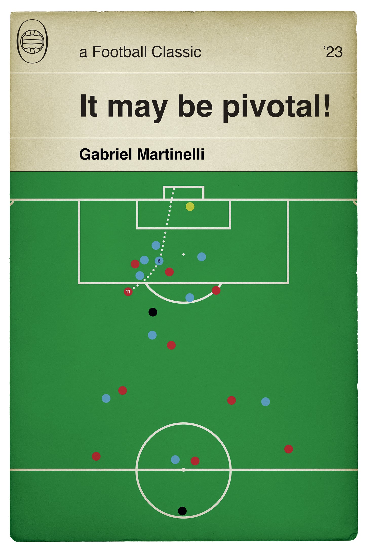 Arsenal winner v Manchester City in 2023 - Gabriel Martinelli Goal - Arsenal 1 Man City 0 - Classic Book Cover Goal Print (Various sizes)