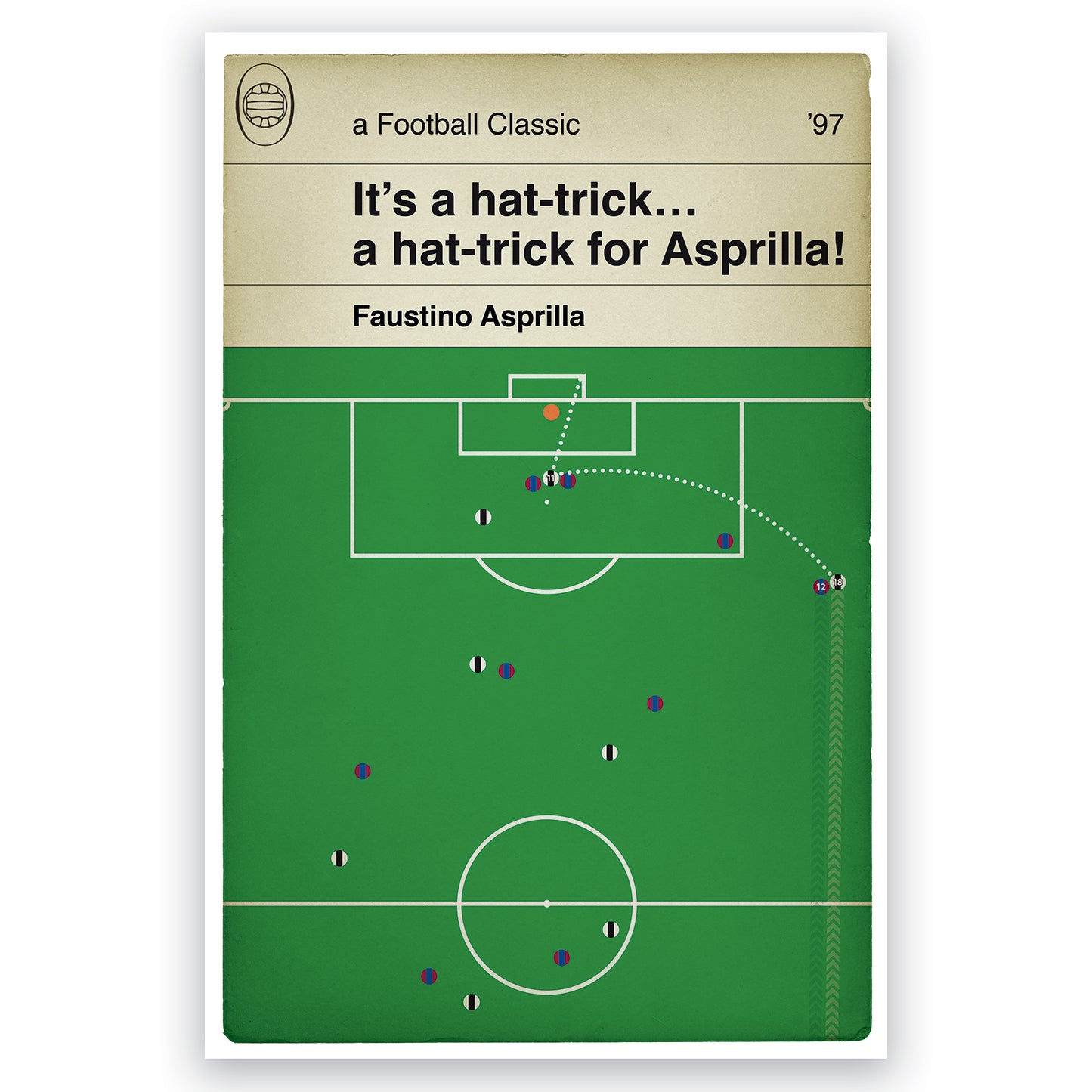 Newcastle United Goal - Asprilla third goal - Newcastle United 3 Barcelona 2 - Faustino Asprilla Hat-Trick - Champions League 1997 - Football Book Cover Print - Various Sizes