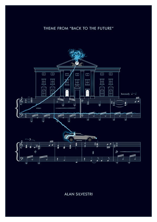 Back To The Future - Main Theme by Alan Silvestri - Movie Classics Poster - Hill Valley Clock Tower - Time Machine Print (Various Sizes)