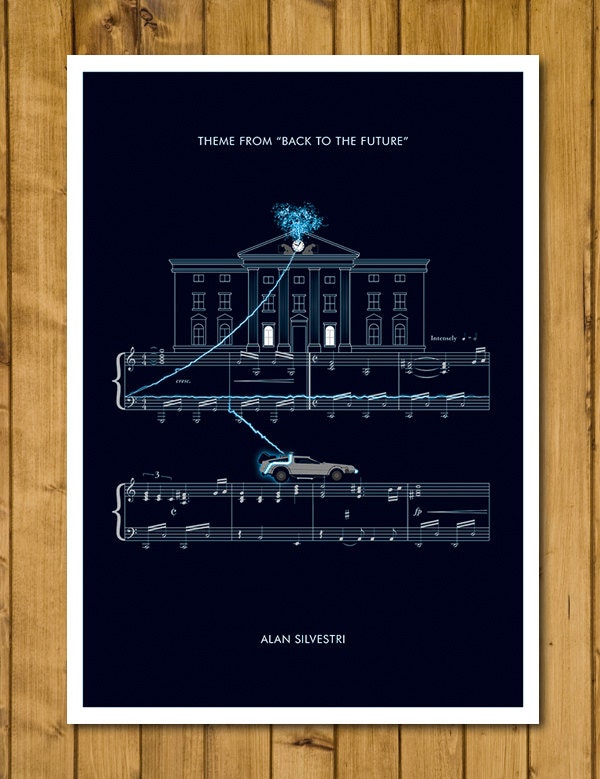 Back To The Future - Main Theme by Alan Silvestri - Movie Classics Poster - Hill Valley Clock Tower - Time Machine Print (Various Sizes)