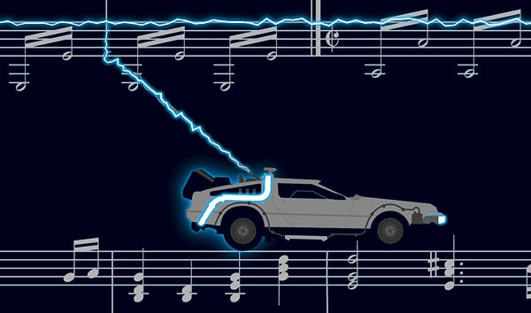 Back To The Future - Main Theme by Alan Silvestri - Movie Classics Poster - Hill Valley Clock Tower - Time Machine Print (Various Sizes)