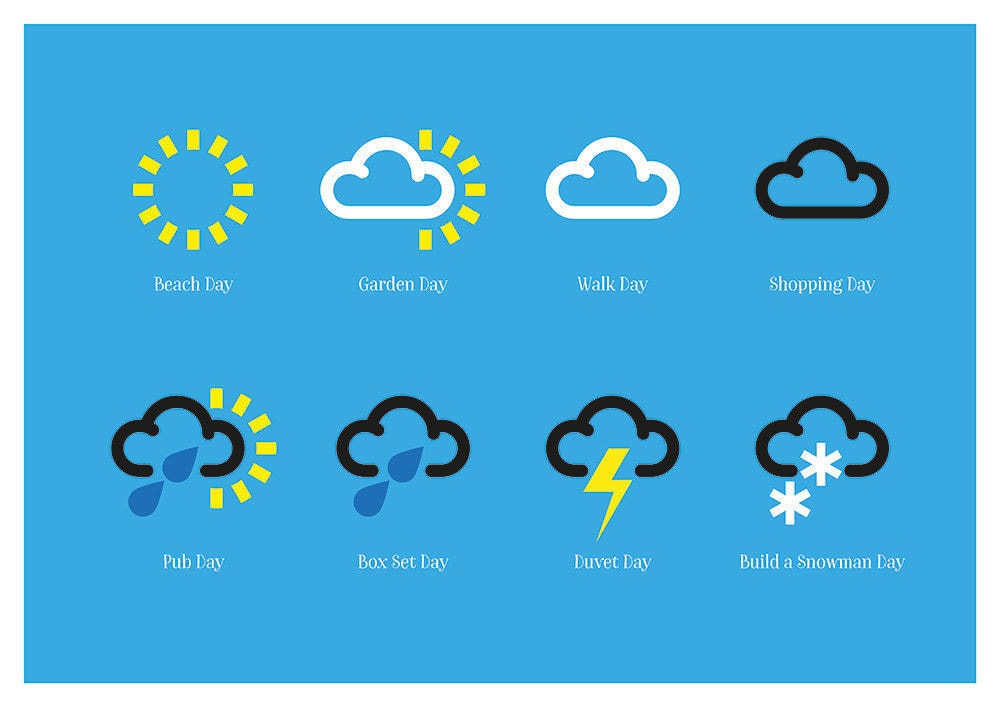 Weather Days - What to Do Edition - Weather Forecast Icons - Home Art - Sun, Rain, Snow - Boxset Day, Duvet Day, Beach Day  - Various Sizes