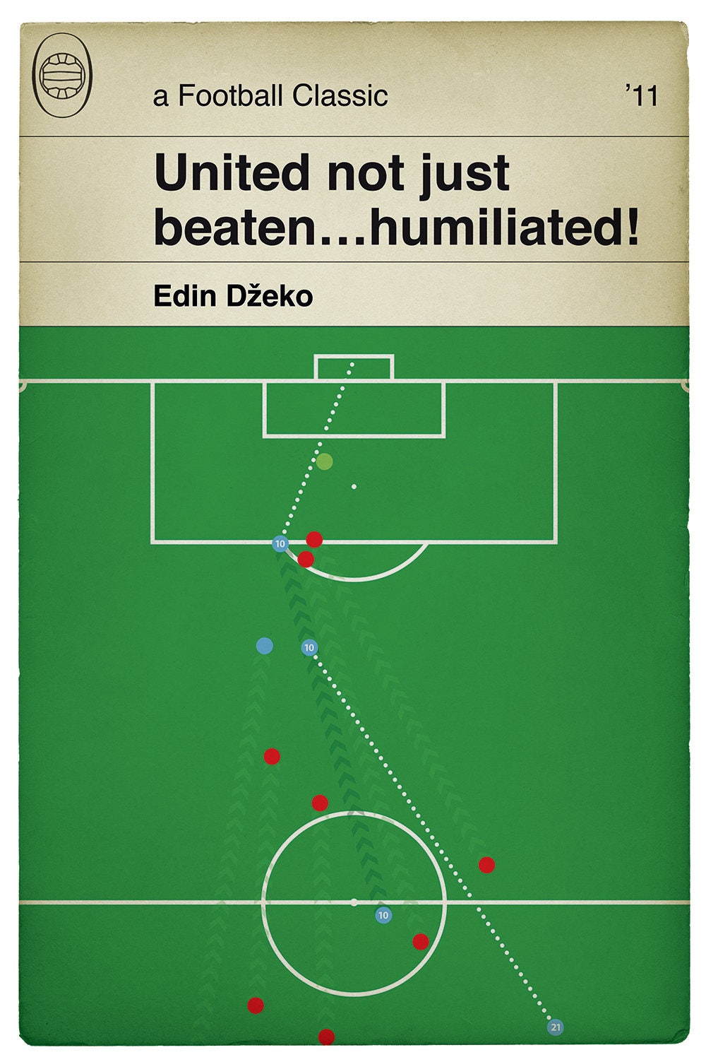 Manchester City goal v Manchester United - Edin Dzeko Poster - Man Utd 1 Man City 6 - Classic Book Cover Print (Various Sizes)