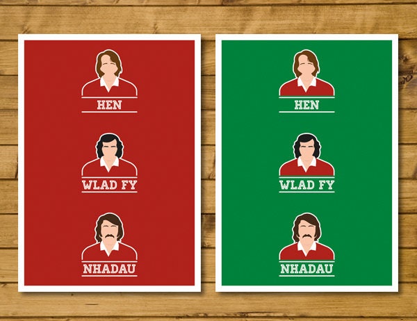 Wales Rugby Legends - Hen Wlad Fy Nhadau - Welsh Language Version - JPR Williams, Gareth Edwards and Gerald Davies - Red or Green (Various Sizes)