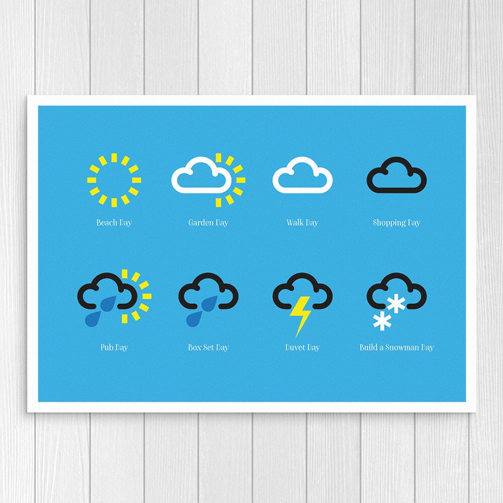 Weather Days - What to Do Edition - Weather Forecast Icons - Home Art - Sun, Rain, Snow - Boxset Day, Duvet Day, Beach Day  - Various Sizes