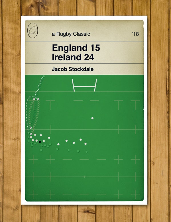 England 15 Ireland 24 - Jacob Stockdale Try - Ireland Grand Glam 2018 - Six Nations 2018 - Rugby Book Cover Poster (Various Sizes Available)