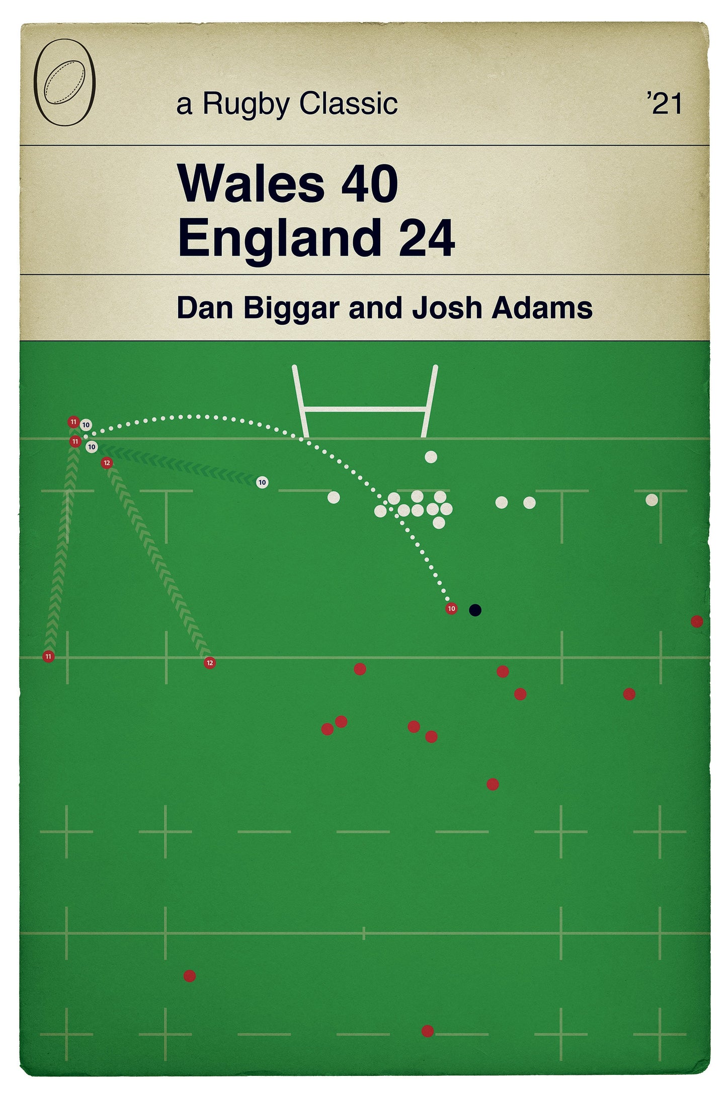 Wales 40 England 24 - Josh Adams Try from Dan Biggar Kick - Six Nations 2021 - Rugby Book Cover Poster (Various Sizes)