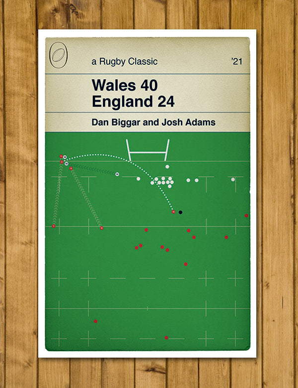 Wales 40 England 24 - Josh Adams Try from Dan Biggar Kick - Six Nations 2021 - Rugby Book Cover Poster (Various Sizes)