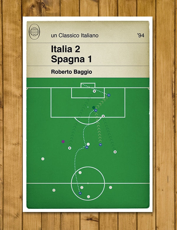 Roberto Baggio winning goal for Italy v Spain in USA 94 - World Cup Goal - Football Print - Classic Book Cover - Italia Calcio - Italia Gol (Various Sizes)