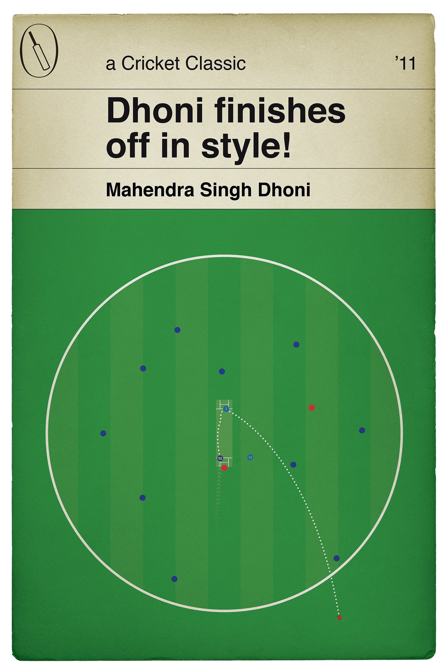 MS Dhoni winning six for India v Sri Lanka - World Cup Final 2011 - Cricket Print - Book Cover Poster (Various Sizes)