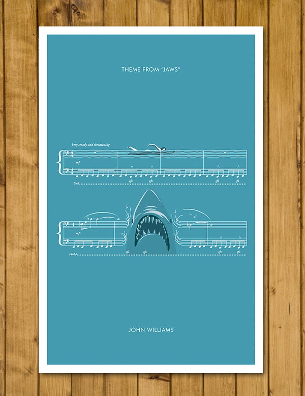 Jaws - Main Theme by John Williams - Movie Classics Poster - Soundtrack Print - Sheet Music Art - Shark Gift (Various Sizes)