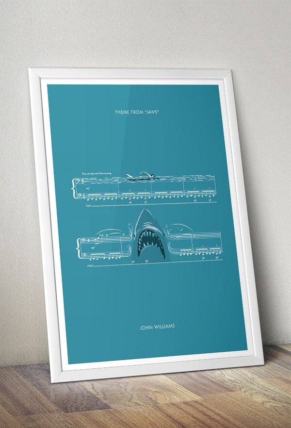 Jaws - Main Theme by John Williams - Movie Classics Poster - Soundtrack Print - Sheet Music Art - Shark Gift (Various Sizes)